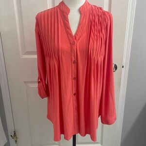 PAPA Vancouver Classic Button Down Pleats  Color Coral/Salmon Long Sleeve Sz L